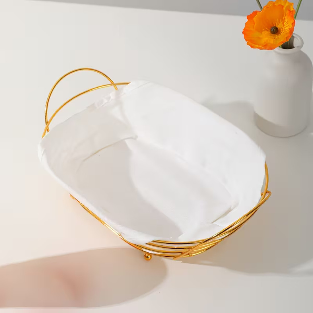 Cos pentru servire paine, metalic, oval, cu husa detasabila textila, 28 x 20 x 10 cm, auriu