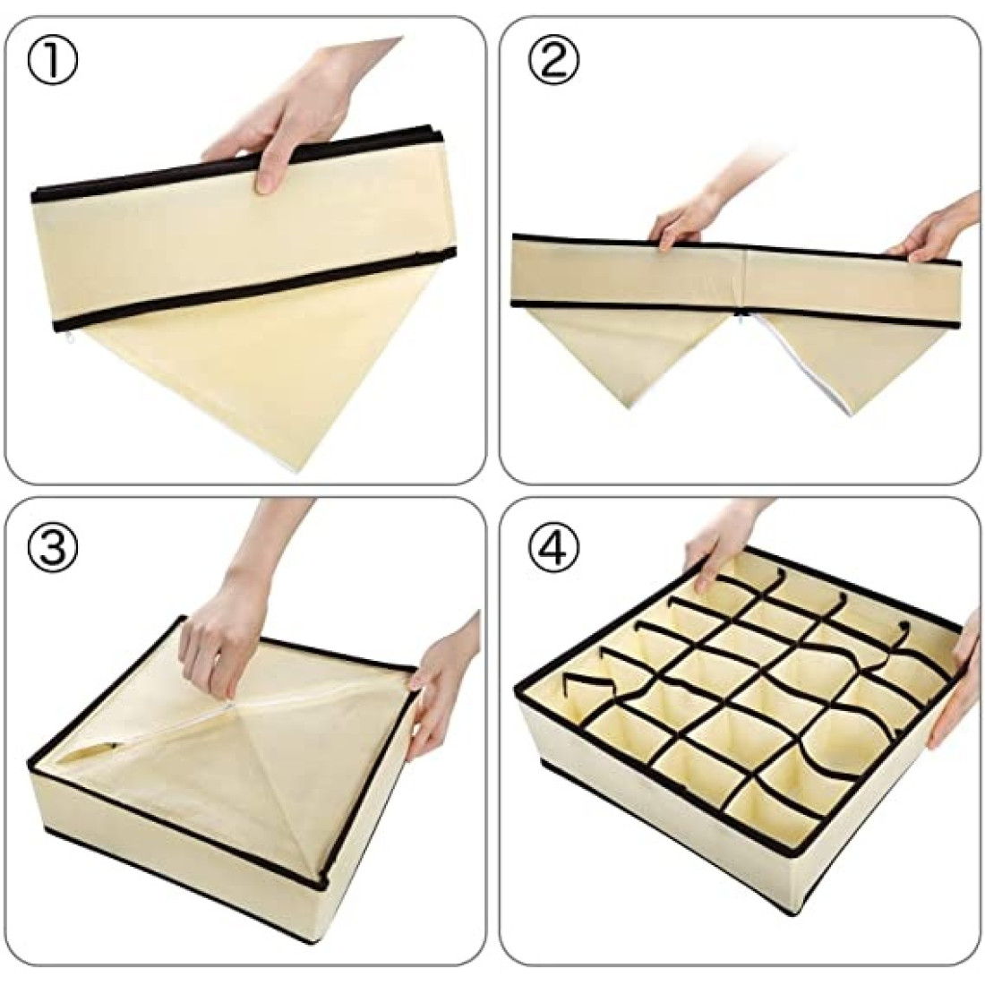Cutie de depozitare din material textil, 24 compartimente, 32 x 32 x 10 cm, pentru lenjerie, sosete, accesorii si alte articole vestimentare, bej