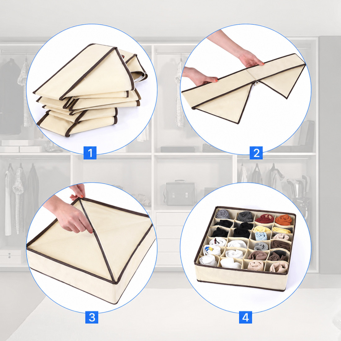 Cutie de depozitare din material textil, 24 compartimente, 32 x 32 x 10 cm, pentru lenjerie, sosete, accesorii si alte articole vestimentare, bej