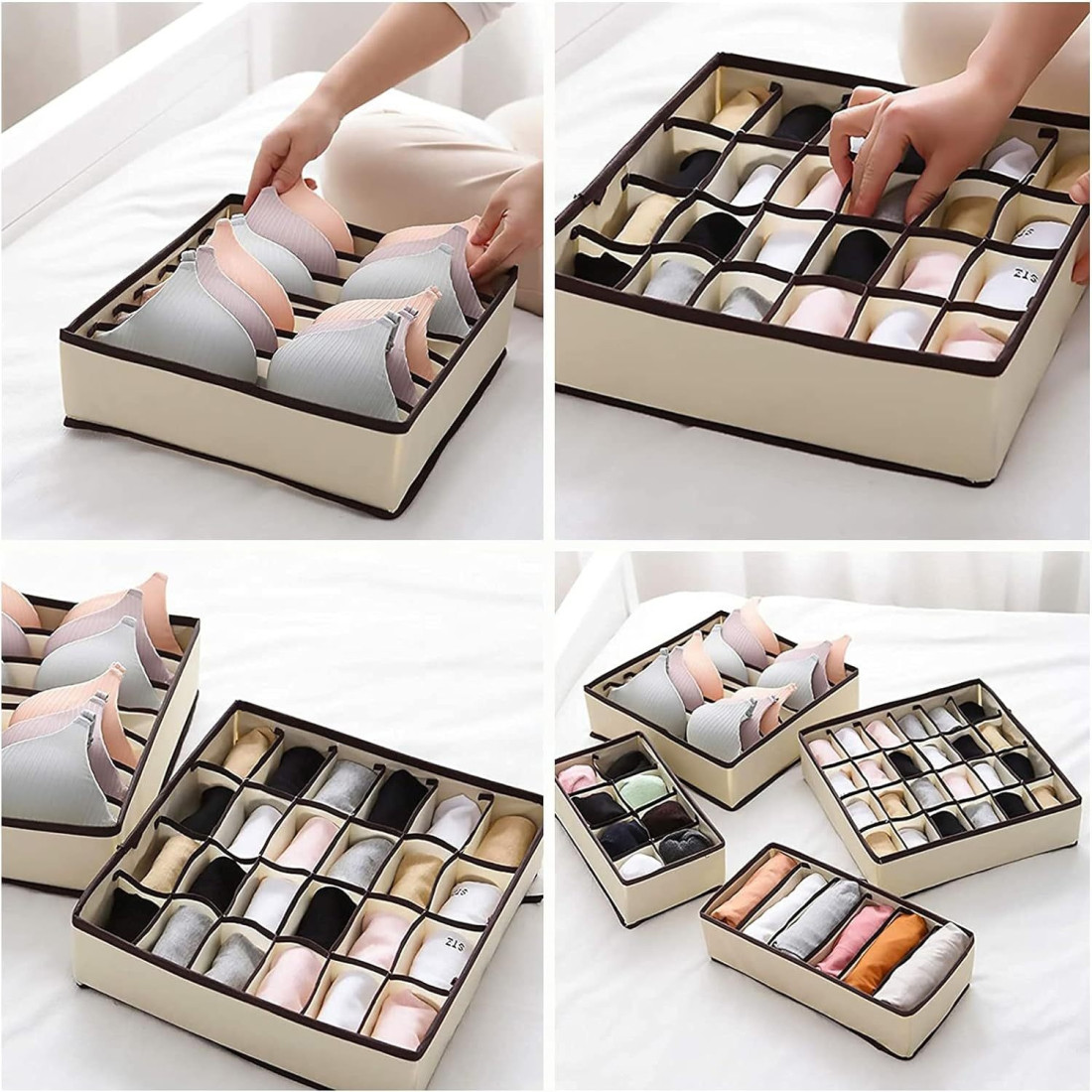 Cutie de depozitare din material textil, 24 compartimente, 32 x 32 x 10 cm, pentru lenjerie, sosete, accesorii si alte articole vestimentare, bej