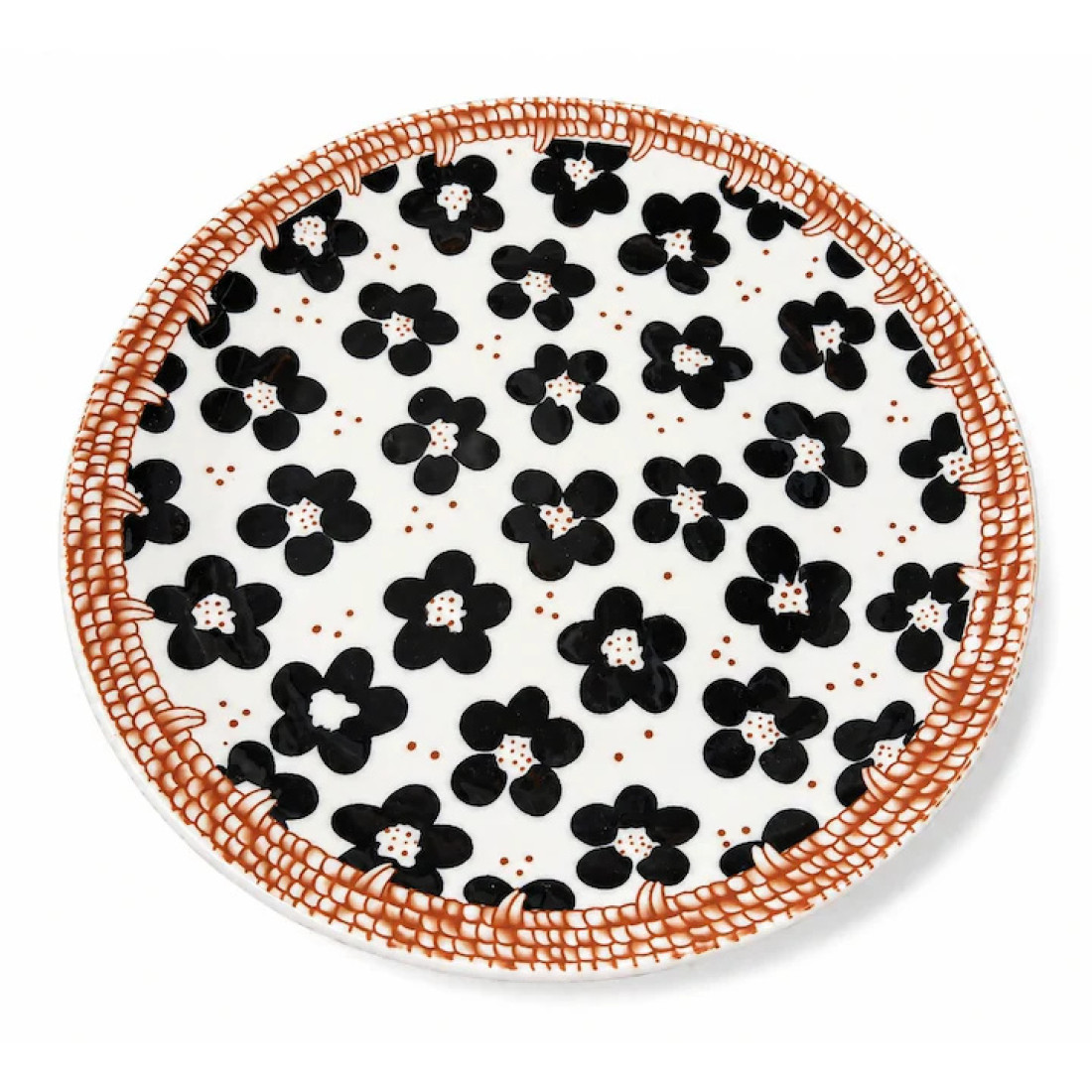 Farfurie plata ceramica cu model floral si margine maro, 26 cm diametru Farfurie plata ceramica cu model floral si margine maro, 26 cm diametru