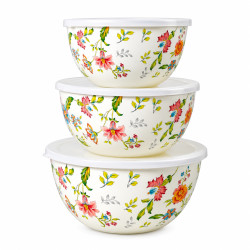 Set 3 boluri emailate de bucatarie cu capace, model floral, 20/22/24 cm
