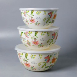 Set 3 boluri emailate de bucatarie cu capace, model floral, 20/22/24 cm Set 3 boluri emailate de bucatarie cu capace, model floral, 20/22/24 cm