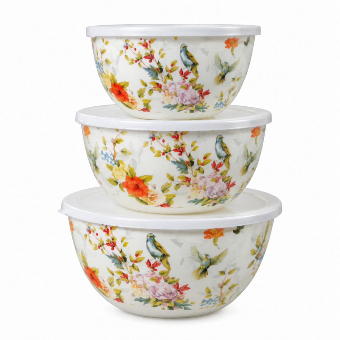 Set 3 boluri emailate de bucatarie cu capace, model floral, 20/22/24 cm