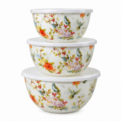 Set 3 boluri emailate de bucatarie cu capace, model floral, 20/22/24 cm Set 3 boluri emailate de bucatarie cu capace, model floral, 20/22/24 cm