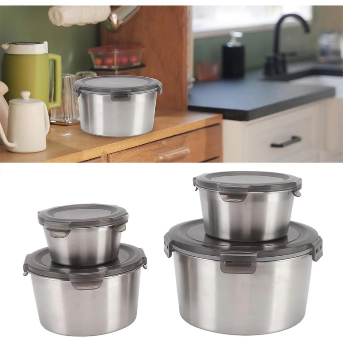 Set 3 caserole din inox cu capac si sistem de inchidere, 350 ml + 600ml + 1000ml, pentru pastrarea alimentelor Set 3 caserole din inox cu capac si sistem de inchidere, 350 ml + 600ml + 1000ml, pentru pastrarea alimentelor
