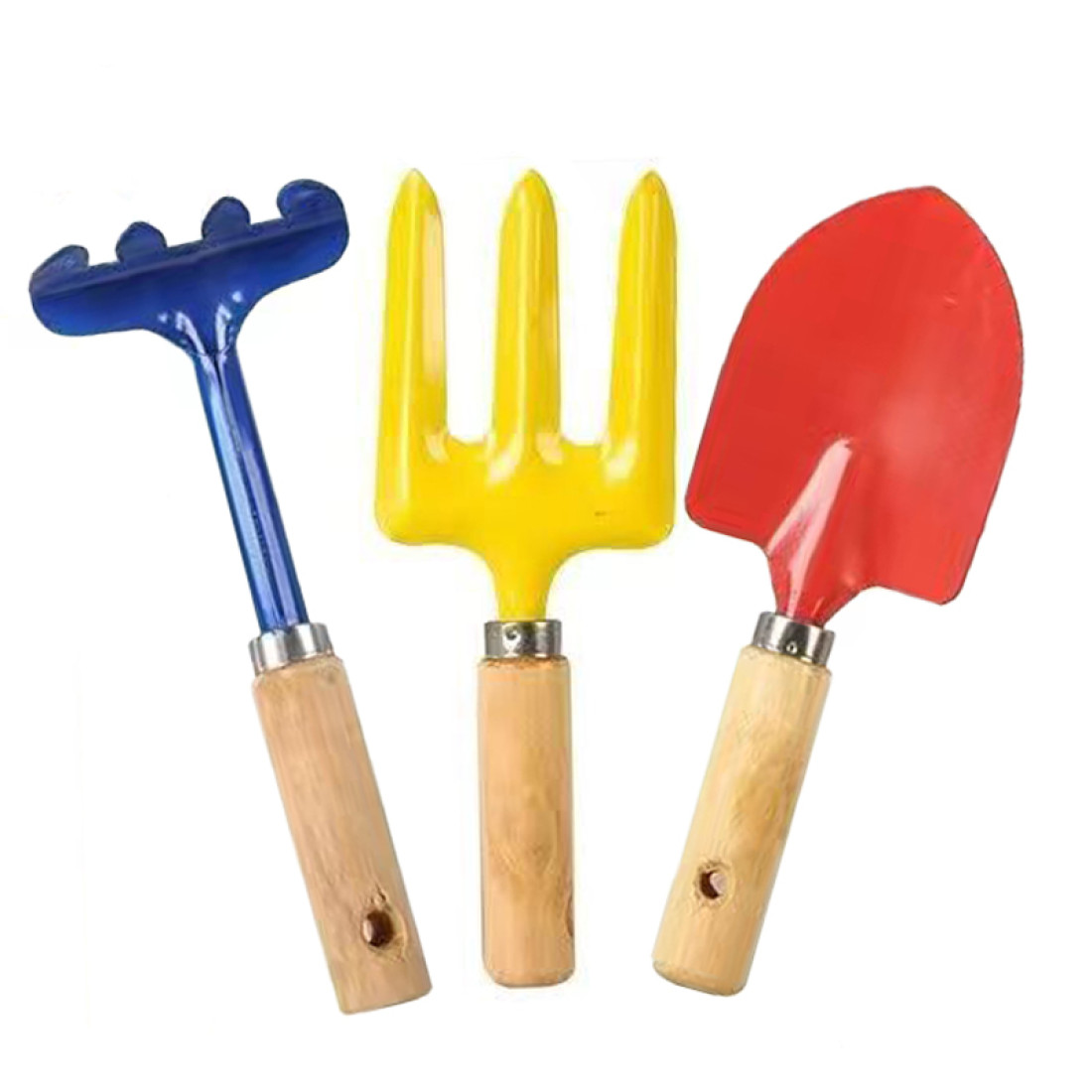 Set 3 Mini Unelte de Gradina Multicolore cu Manere din Lemn - Grebla, Furculita si Lopatica Set 3 Mini Unelte de Gradina Multicolore cu Manere din Lemn - Grebla, Furculita si Lopatica