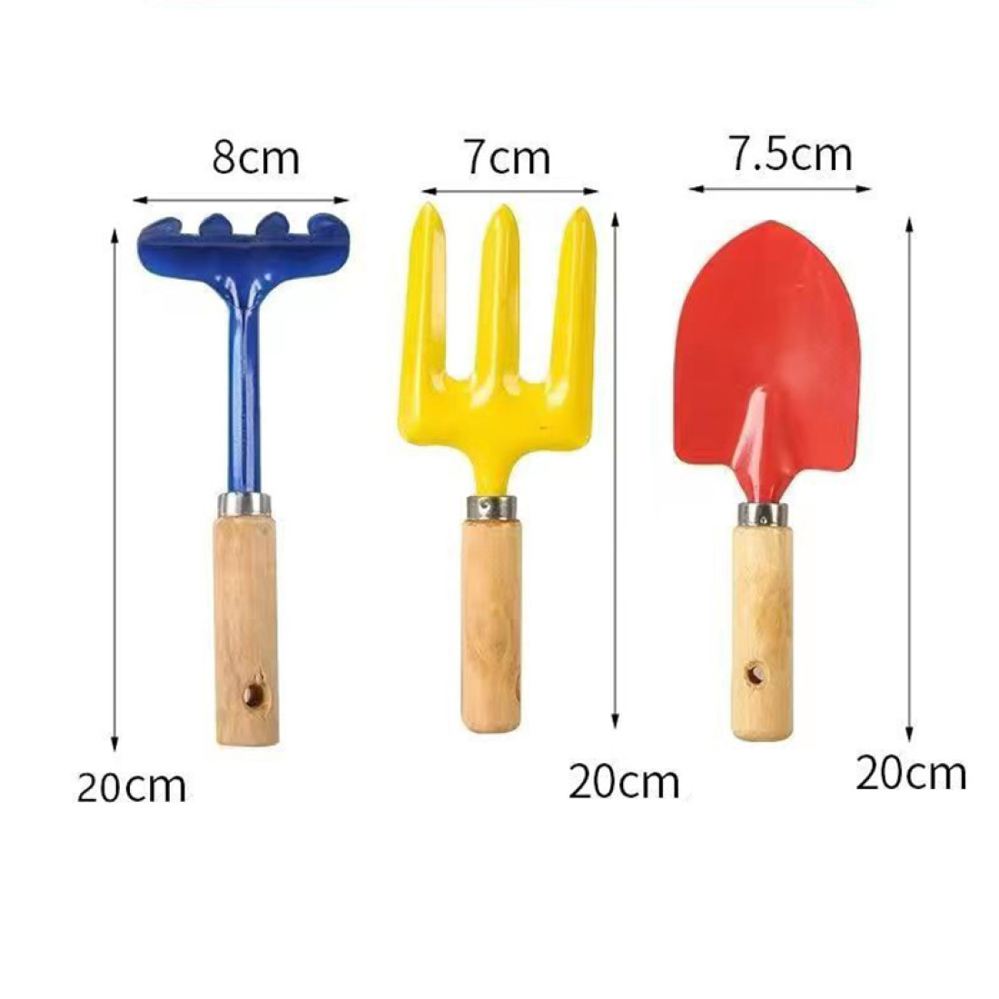 Set 3 Mini Unelte de Gradina Multicolore cu Manere din Lemn - Grebla, Furculita si Lopatica Set 3 Mini Unelte de Gradina Multicolore cu Manere din Lemn - Grebla, Furculita si Lopatica