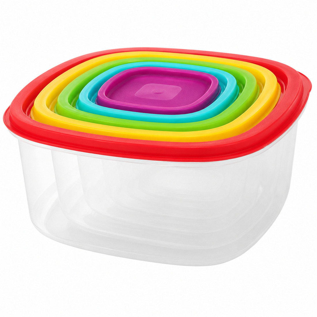 Set 5 caserole patrate din plastic cu capace multicolore, 180ml+350ml+700ml+1250ml+2100ml Set 5 caserole patrate din plastic cu capace multicolore, 180ml+350ml+700ml+1250ml+2100ml