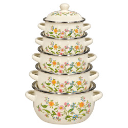 Set 5 oale emailate cu capace, model floral, dimensiuni 16, 18, 20, 22 si 24 cm Set 5 oale emailate cu capace, model floral, dimensiuni 16, 18, 20, 22 si 24 cm