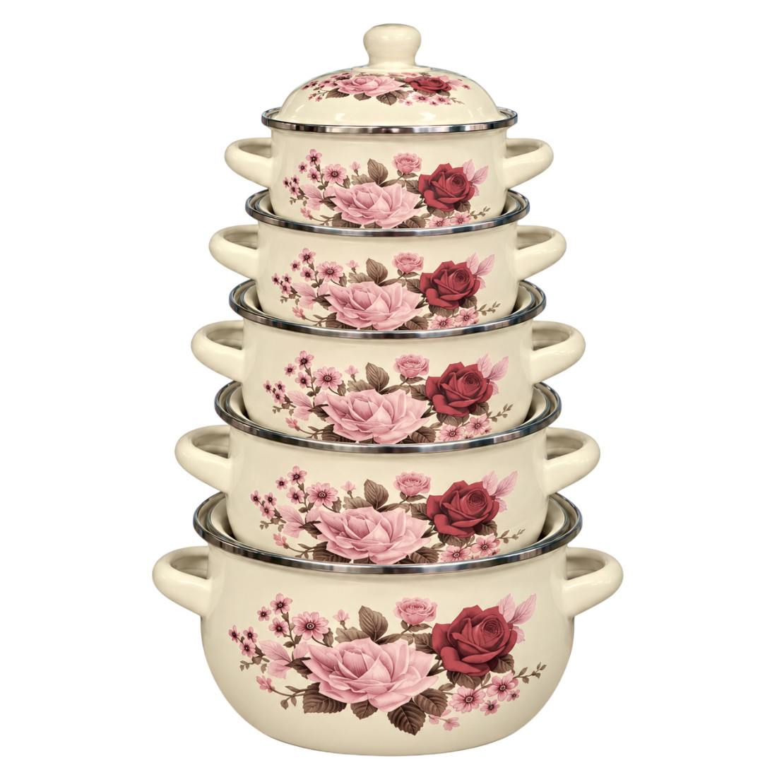 Set 5 oale emailate cu capace, model floral, dimensiuni 16, 18, 20, 22 si 24 cm Set 5 oale emailate cu capace, model floral, dimensiuni 16, 18, 20, 22 si 24 cm