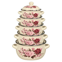 Set 5 oale emailate cu capace, model floral, dimensiuni 16, 18, 20, 22 si 24 cm Set 5 oale emailate cu capace, model floral, dimensiuni 16, 18, 20, 22 si 24 cm