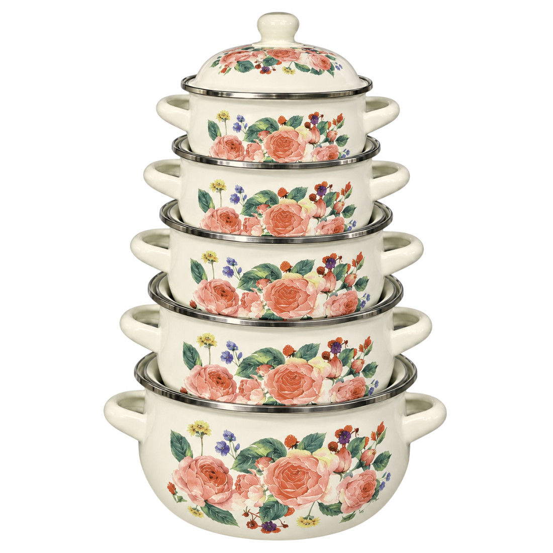 Set 5 oale emailate cu capace, model floral, dimensiuni 16, 18, 20, 22 si 24 cm Set 5 oale emailate cu capace, model floral, dimensiuni 16, 18, 20, 22 si 24 cm