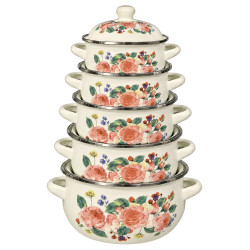 Set 5 oale emailate cu capace, model floral, dimensiuni 16, 18, 20, 22 si 24 cm Set 5 oale emailate cu capace, model floral, dimensiuni 16, 18, 20, 22 si 24 cm