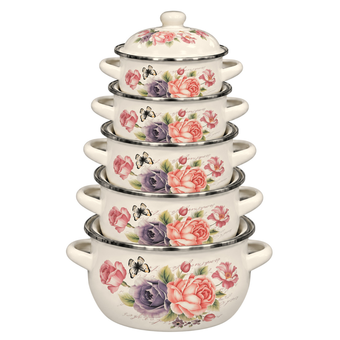 Set 5 oale emailate cu capace, model floral, dimensiuni 16, 18, 20, 22 si 24 cm Set 5 oale emailate cu capace, model floral, dimensiuni 16, 18, 20, 22 si 24 cm