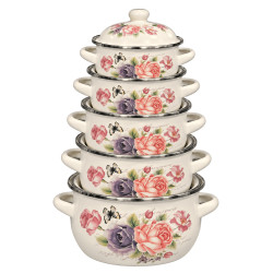 Set 5 oale emailate cu capace, model floral, dimensiuni 16, 18, 20, 22 si 24 cm Set 5 oale emailate cu capace, model floral, dimensiuni 16, 18, 20, 22 si 24 cm