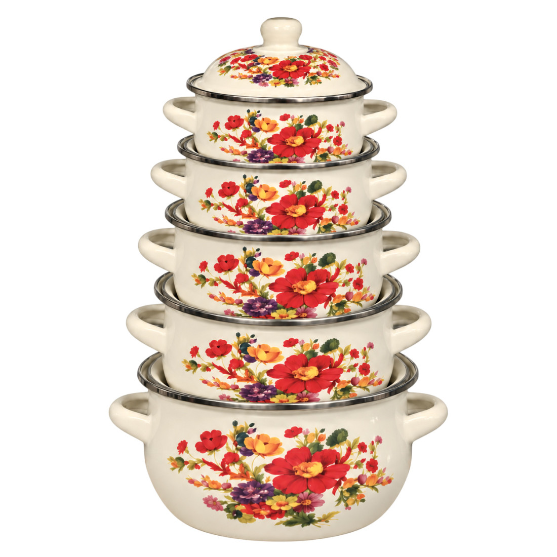 Set 5 oale emailate cu capace, model floral, dimensiuni 16, 18, 20, 22 si 24 cm Set 5 oale emailate cu capace, model floral, dimensiuni 16, 18, 20, 22 si 24 cm