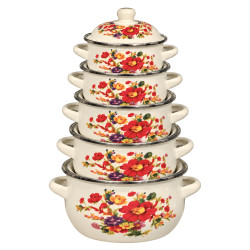 Set 5 oale emailate cu capace, model floral, dimensiuni 16, 18, 20, 22 si 24 cm Set 5 oale emailate cu capace, model floral, dimensiuni 16, 18, 20, 22 si 24 cm