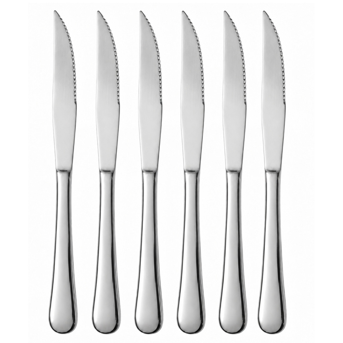Set 6 Cutite pentru Friptura, 23 cm, Lama Partial Zimtata, Otel Inoxidabil, Design Elegant, Argintiu Set 6 Cutite pentru Friptura, 23 cm, Lama Partial Zimtata, Otel Inoxidabil, Design Elegant, Argintiu