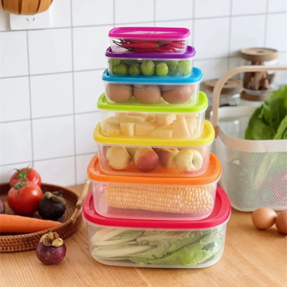Set 7 caserole dreptunghiulare din plastic cu capace multicolore, 120ml+250ml+450ml+800ml+1250ml+2100ml+3400ml Set 7 caserole dreptunghiulare din plastic cu capace multicolore, 120ml+250ml+450ml+800ml+1250ml+2100ml+3400ml