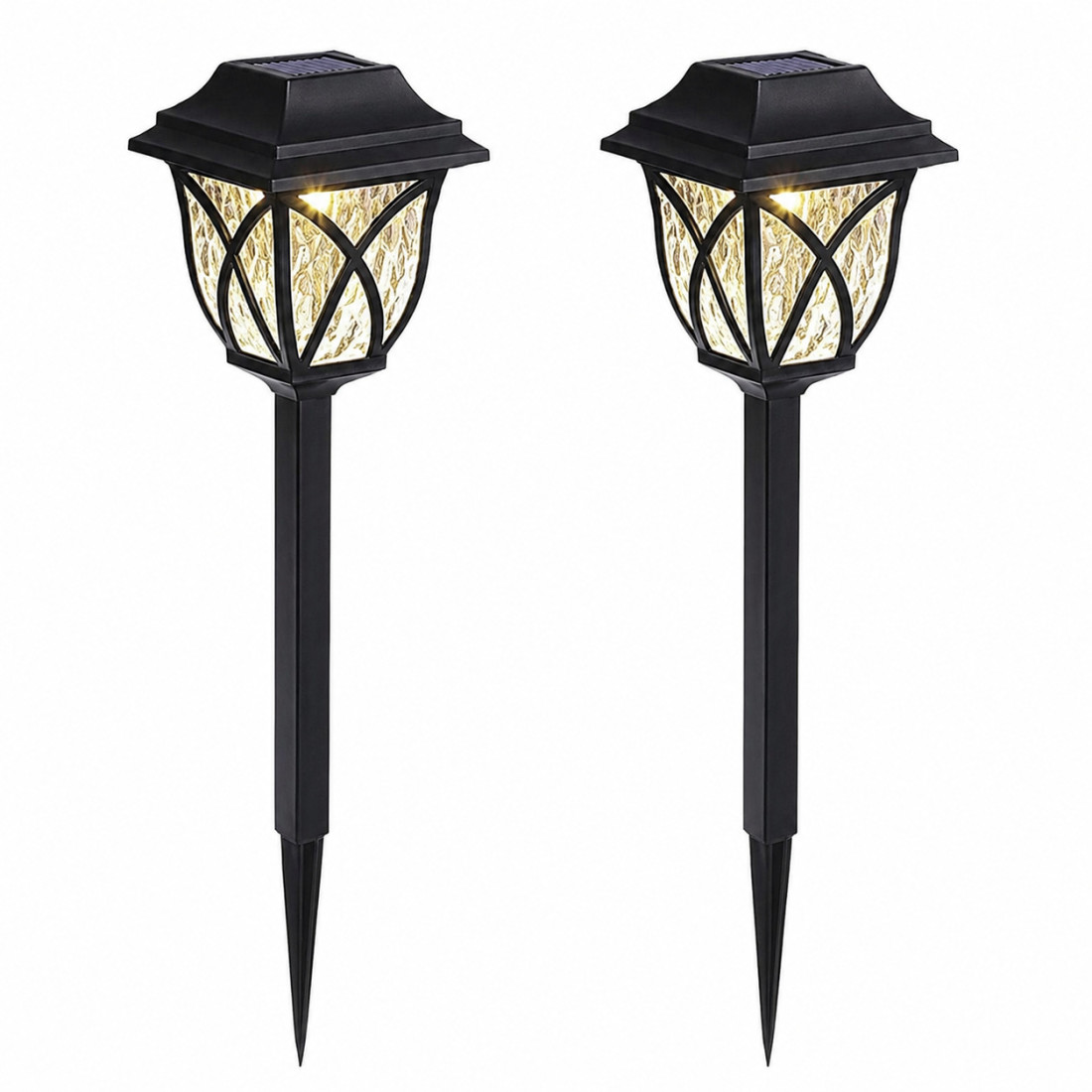 Set 2 lampi solare LED, lumina calda, rezistente la Intemperii, autonomie 8-10 ore, baterie reincarcabila, negru Set 2 lampi solare LED, lumina calda, rezistente la Intemperii, autonomie 8-10 ore, baterie reincarcabila, negru