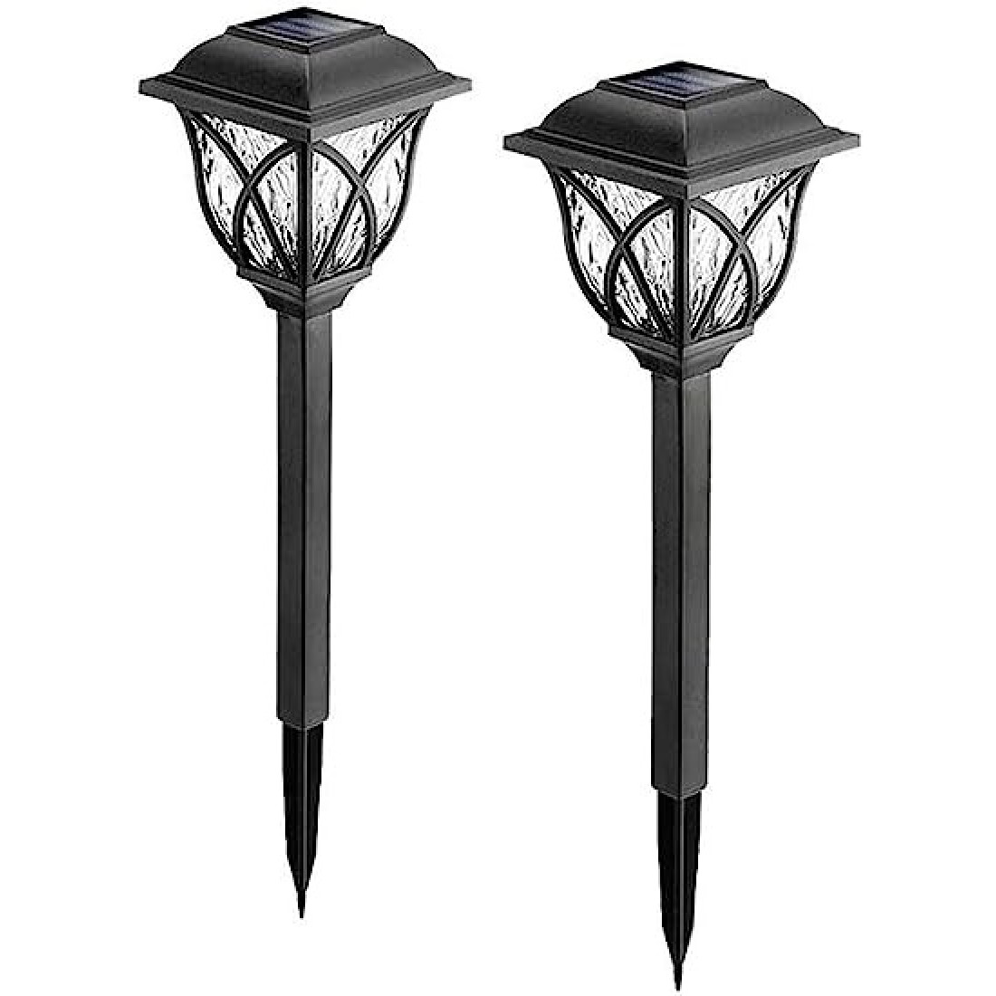 Set 2 lampi solare LED, lumina calda, rezistente la Intemperii, autonomie 8-10 ore, baterie reincarcabila, negru Set 2 lampi solare LED, lumina calda, rezistente la Intemperii, autonomie 8-10 ore, baterie reincarcabila, negru