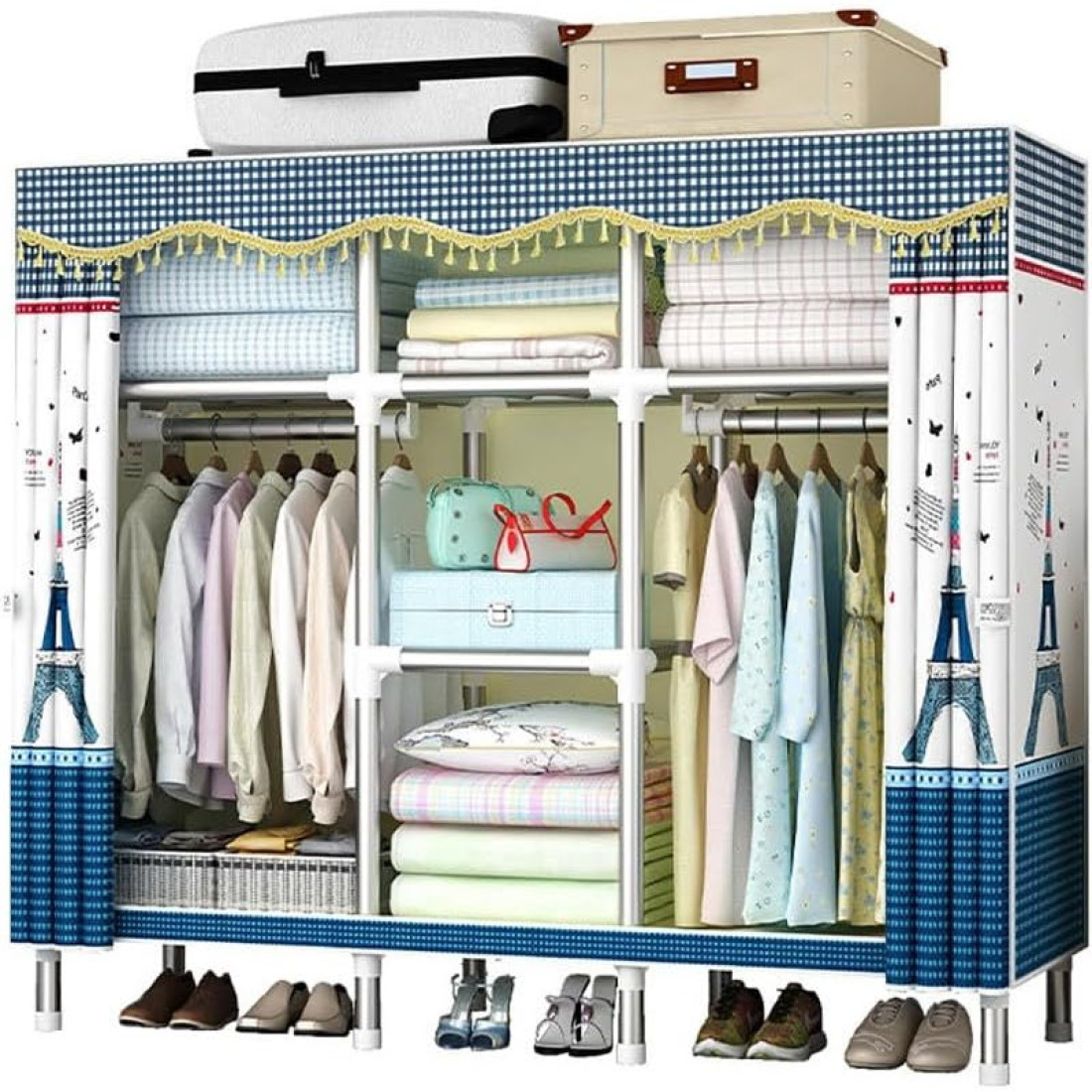 Sifonier Mobil cu Structura Metalica, Dulap Textil pentru Haine, cu Rafturi si Bare pentru Umerase Sifonier Mobil cu Structura Metalica, Dulap Textil pentru Haine, cu Rafturi si Bare pentru Umerase