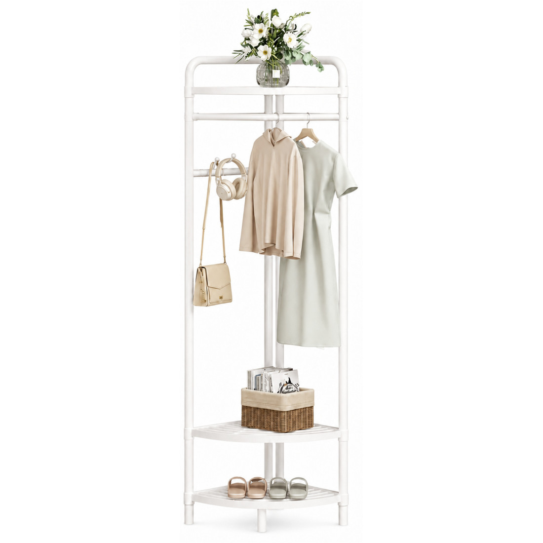 Stand pentru haine de colt cu 3 rafturi si bara pentru umerase, metal, alb, 165 x 42 cm Stand pentru haine de colt cu 3 rafturi si bara pentru umerase, metal, alb, 165 x 42 cm