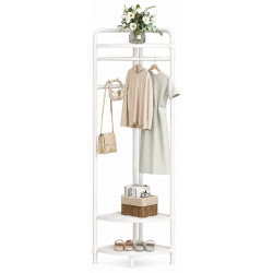 Stand pentru haine de colt cu 3 rafturi si bara pentru umerase, metal, alb, 165 x 42 cm Stand pentru haine de colt cu 3 rafturi si bara pentru umerase, metal, alb, 165 x 42 cm