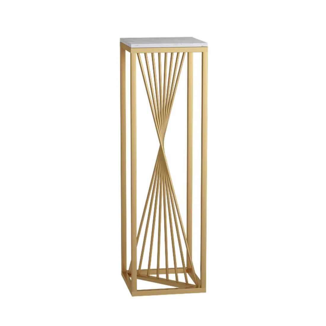 Suport decorativ auriu din metal cu blat alb, design geometric modern, 30 x 30 x 100 cm Suport decorativ auriu din metal cu blat alb, design geometric modern, 30 x 30 x 100 cm