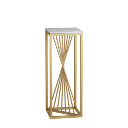 Suport decorativ auriu din metal cu blat alb, design geometric modern, 30 x 30 x 80 cm