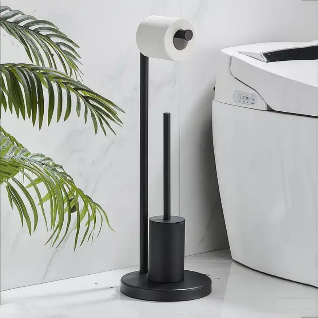 Suport multifunctional pentru hartie igienica si perie WC, negru, design modern, 24 x 64 cm Suport multifunctional pentru hartie igienica si perie WC, negru, design modern, 24 x 64 cm
