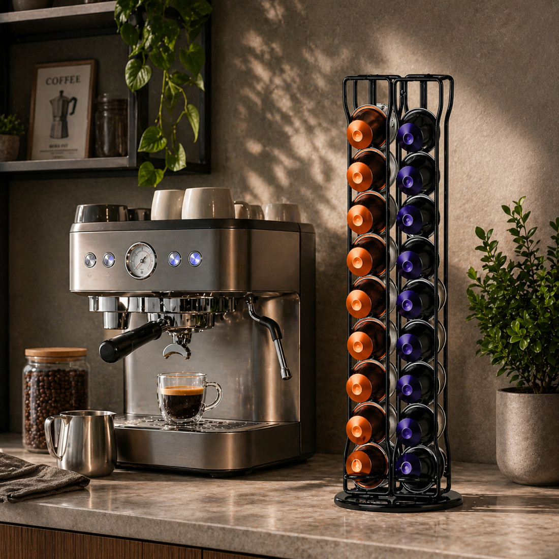 Suport modern pentru capsule de cafea, 40 de capsule, compact, vertical, usor de curatat si folosit, pentru birou sau acasa, metal, 37 x 11 cm, negru Suport modern pentru capsule de cafea, 40 de capsule, compact, vertical, usor de curatat si folosit, pentru birou sau acasa, metal, 37 x 11 cm, negru