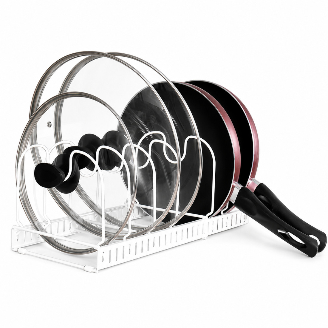 Suport reglabil pentru tigai si capace, 7 separatoare, metalic, 30-57 x 18 x 20 cm Suport reglabil pentru tigai si capace, 7 separatoare, metalic, 30-57 x 18 x 20 cm