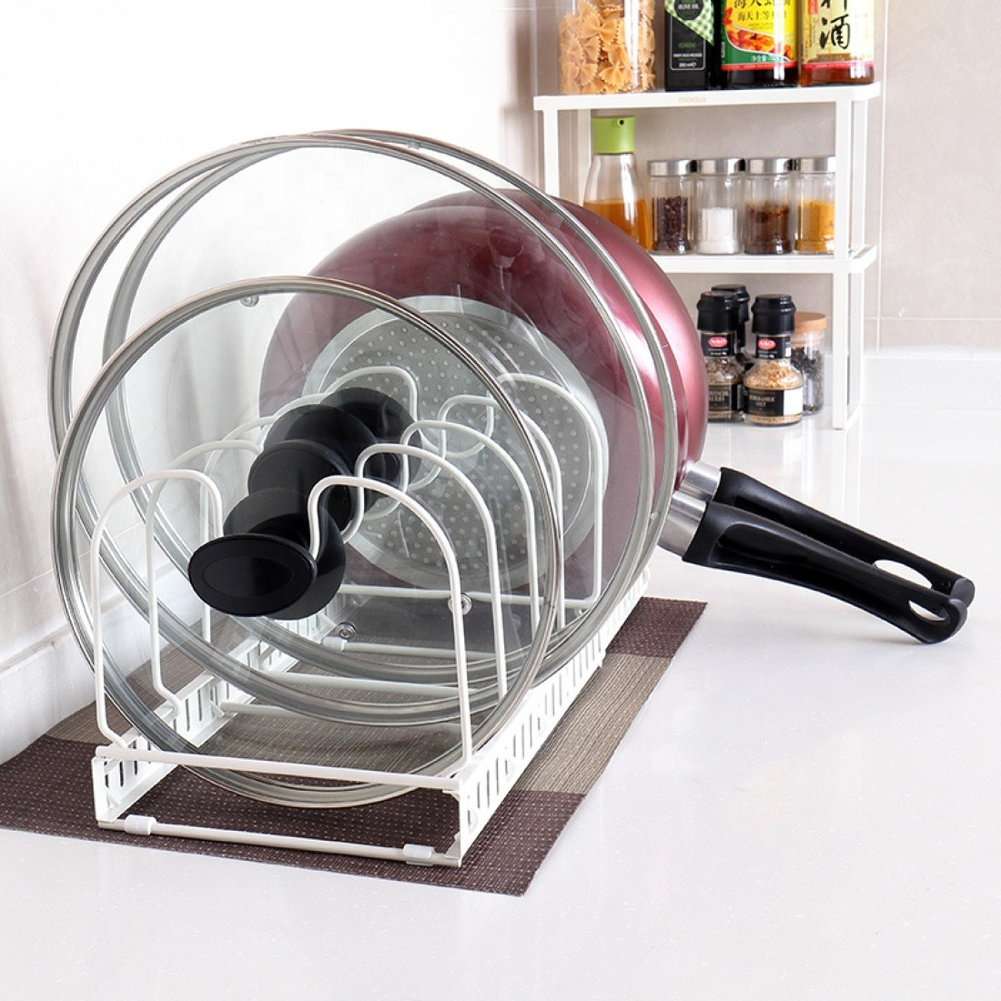 Suport reglabil pentru tigai si capace, 7 separatoare, metalic, 30-57 x 18 x 20 cm Suport reglabil pentru tigai si capace, 7 separatoare, metalic, 30-57 x 18 x 20 cm