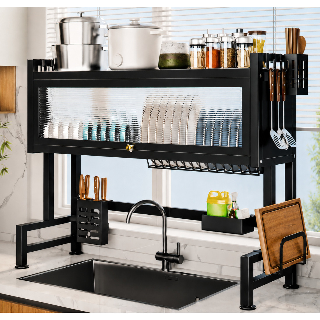 Scurgator Vase Etajat Multifunctional cu Compartiment de Depozitare si Usa, Montare Deasupra Chiuvetei, 65 cm, Suport Farfurii, Pahare, Tacamuri si Ustensile Scurgator Vase Etajat Multifunctional cu Compartiment de Depozitare si Usa, Montare Deasupra Chiuvetei, 65 cm, Suport Farfurii, Pahare, Tacamuri si Ustensile