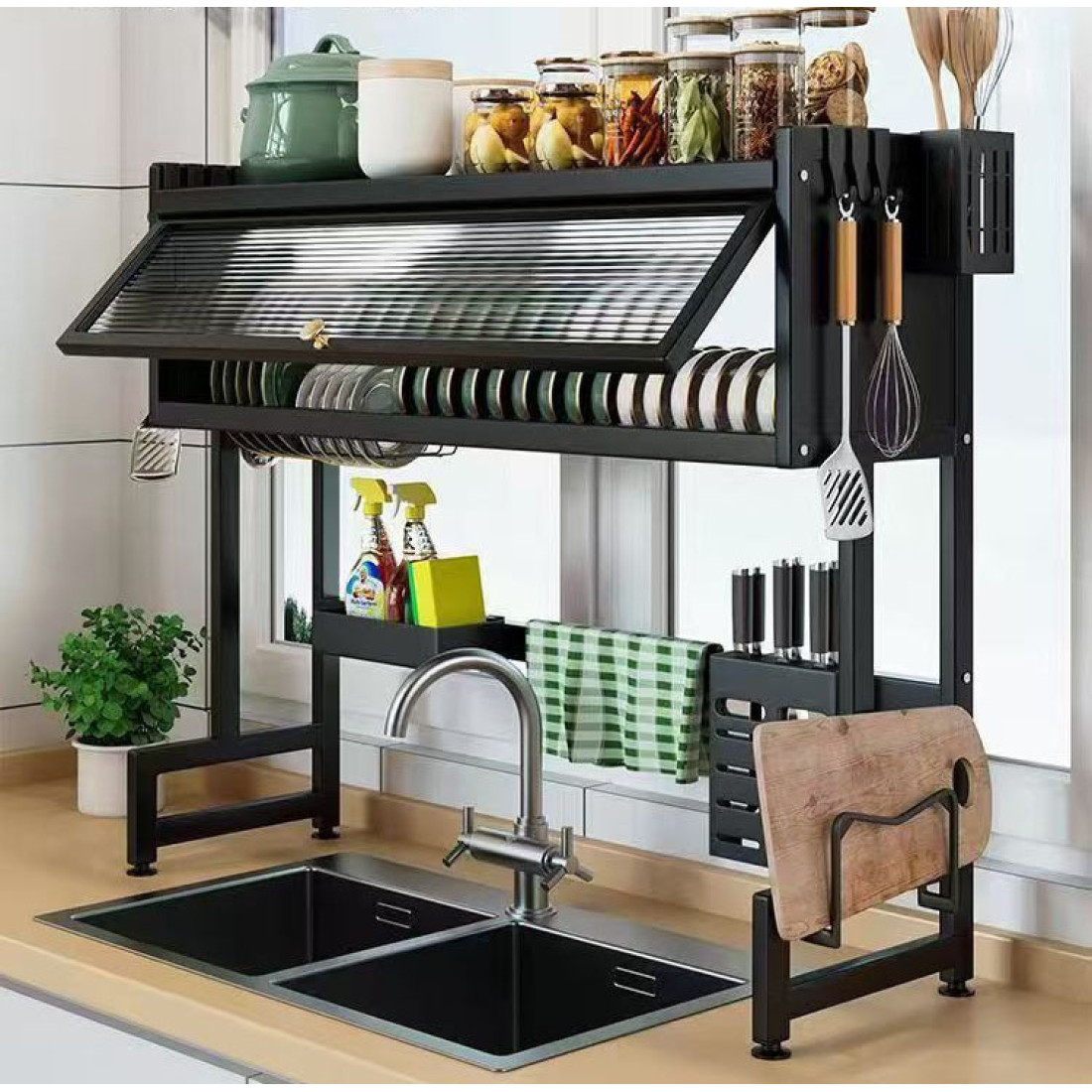 Scurgator Vase Etajat Multifunctional cu Compartiment de Depozitare si Usa, Montare Deasupra Chiuvetei, 65 cm, Suport Farfurii, Pahare, Tacamuri si Ustensile Scurgator Vase Etajat Multifunctional cu Compartiment de Depozitare si Usa, Montare Deasupra Chiuvetei, 65 cm, Suport Farfurii, Pahare, Tacamuri si Ustensile