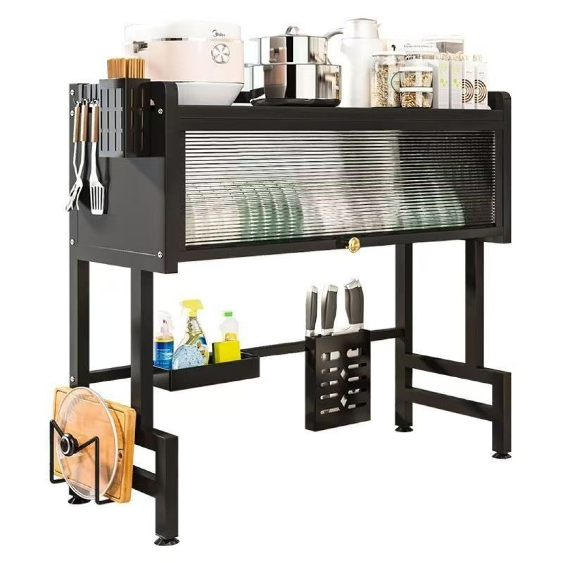 Scurgator Vase Etajat Multifunctional cu Compartiment de Depozitare si Usa, Montare Deasupra Chiuvetei, 65 cm, Suport Farfurii, Pahare, Tacamuri si Ustensile Scurgator Vase Etajat Multifunctional cu Compartiment de Depozitare si Usa, Montare Deasupra Chiuvetei, 65 cm, Suport Farfurii, Pahare, Tacamuri si Ustensile