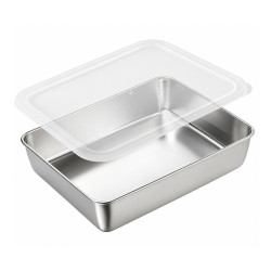 Tava inox cu capac, 26 x 20 x 6 cm, rezistenta, usor de curatat, ideala pentru depozitare, pastrare si transport alimente