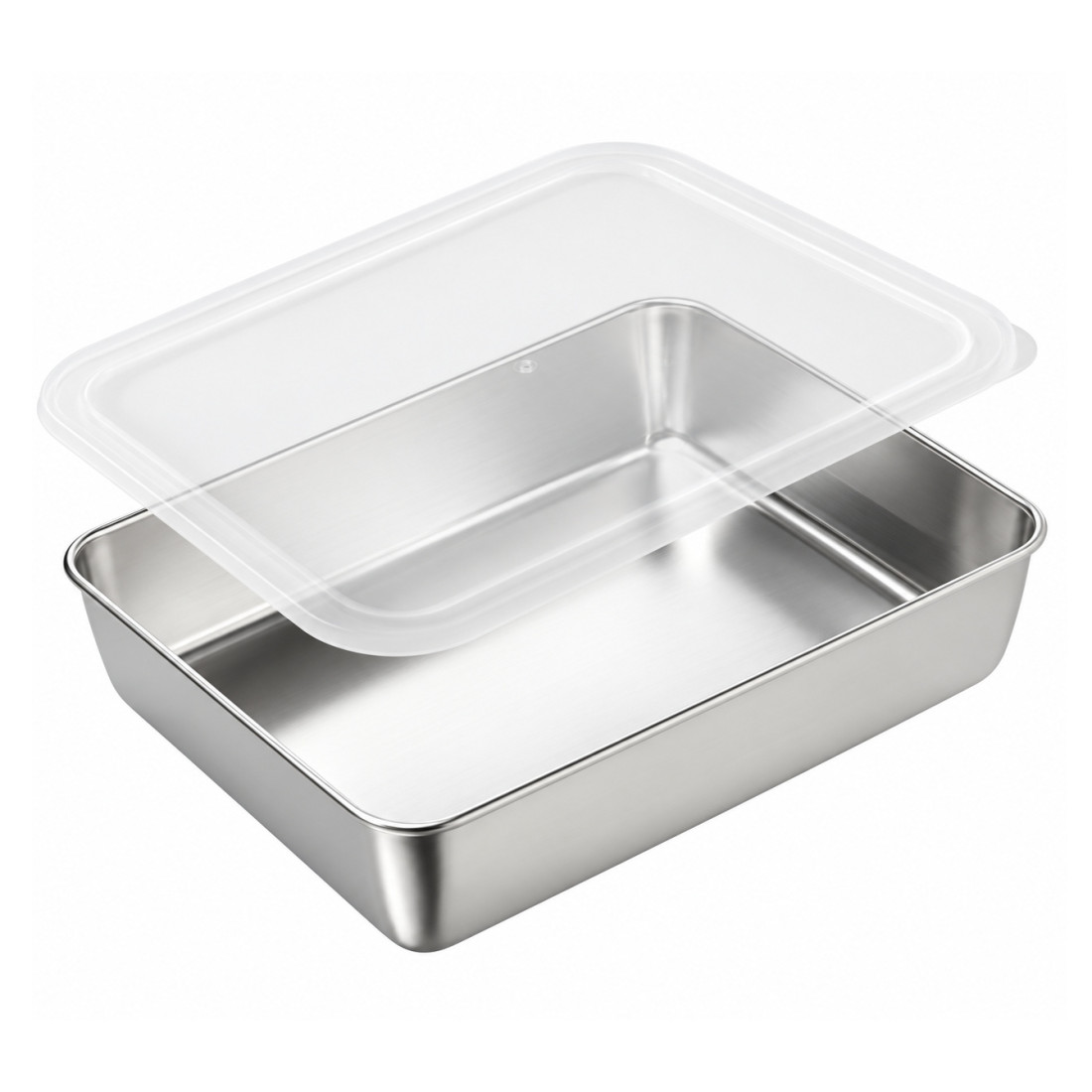 Tava inox cu capac, 30 x 25 x 6 cm, rezistenta, usor de curatat, ideala pentru depozitare, pastrare si transport alimente Tava inox cu capac, 30 x 25 x 6 cm, rezistenta, usor de curatat, ideala pentru depozitare, pastrare si transport alimente