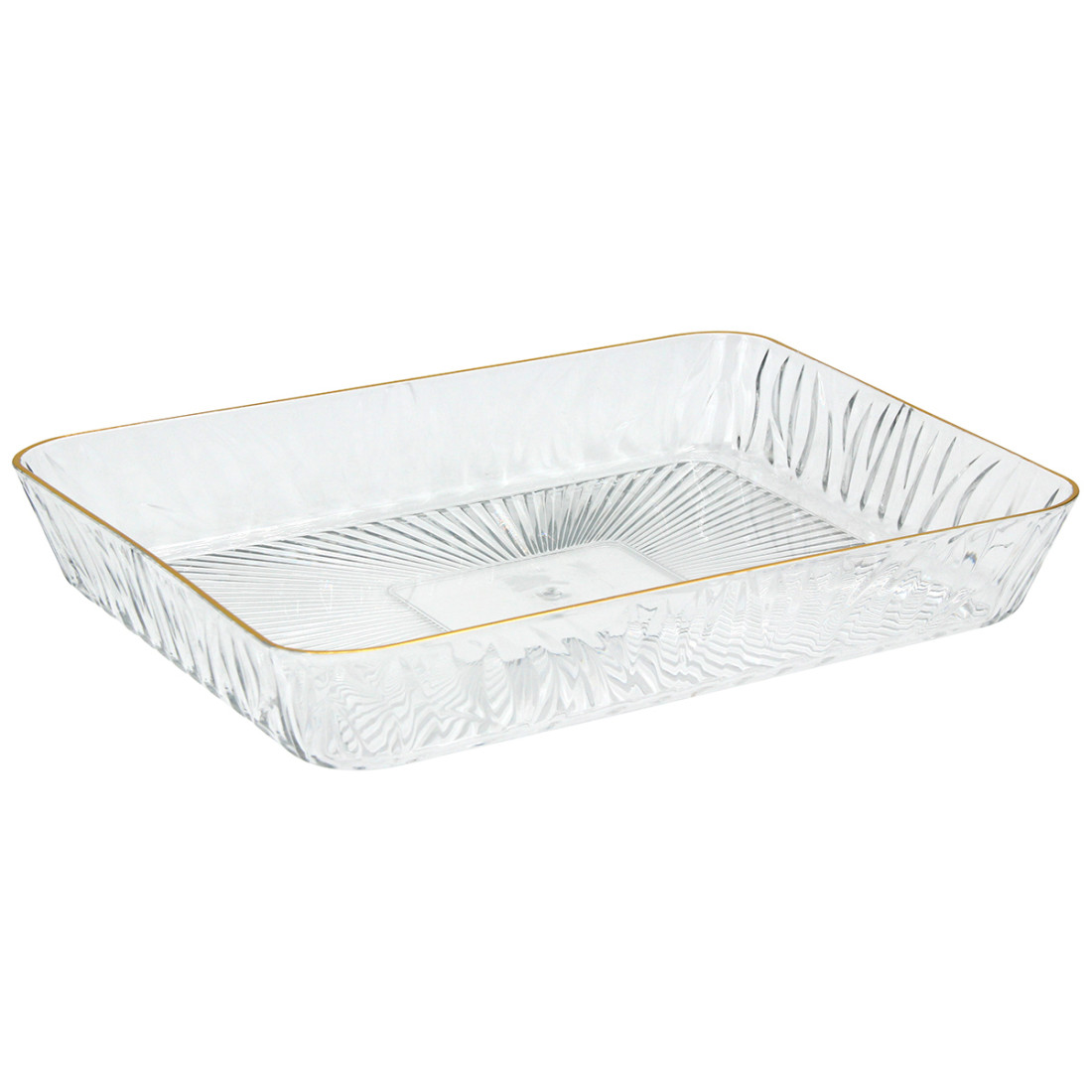 Tava dreptunghiulara pentru servire si depozitare, plastic transparent, margine aurie, 33 x 23 x 5 cm