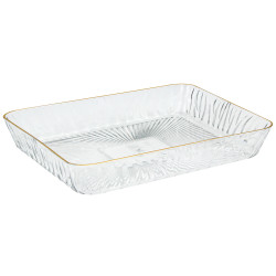 Tava dreptunghiulara pentru servire si depozitare, plastic transparent, margine aurie, 28 x 18 x 4.5 cm