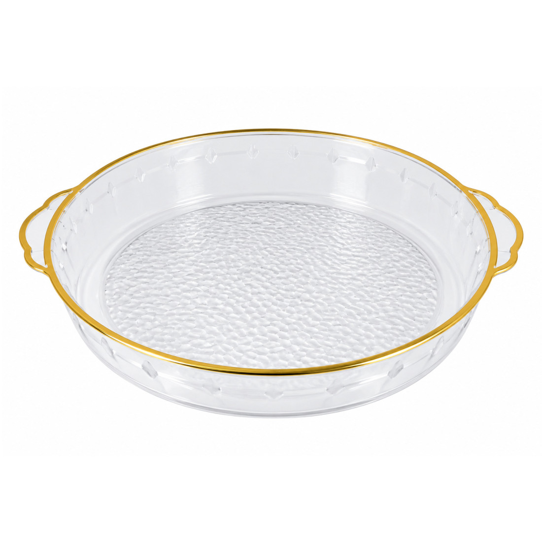 Tava rotunda pentru servire si depozitare, plastic transparent, margine aurie, 30 cm diametru, 6 cm inaltime Tava rotunda pentru servire si depozitare, plastic transparent, margine aurie, 30 cm diametru, 6 cm inaltime