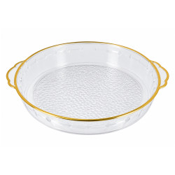 Tava rotunda pentru servire si depozitare, plastic transparent, margine aurie, 25 cm diametru, 5.5 cm inaltime