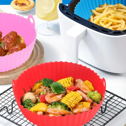 Tava/Forma din silicon pentru Friteuza/Air Fryer, reutilizabila, flexibila, antiaderenta, curatare usoara, rotunda, diametru 20cm, inaltime 5cm, albastra