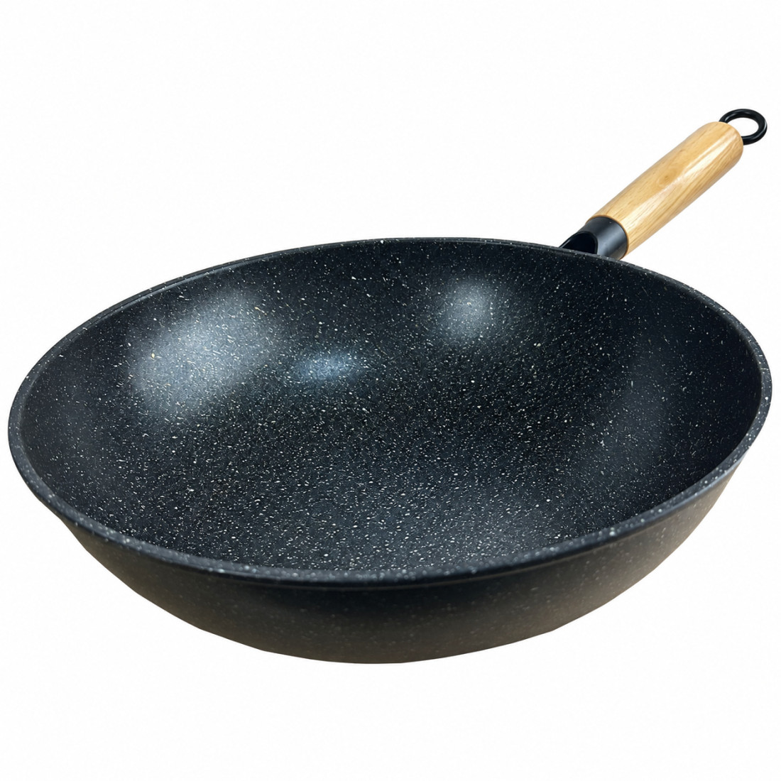 Tigaie Wok, 34 cm diametru, adanca, antiaderenta cu aspect granit, maner din lemn