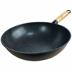Tigaie Wok, 30 cm diametru, adanca, antiaderenta cu aspect granit, maner din lemn Tigaie Wok, 30 cm diametru, adanca, antiaderenta cu aspect granit, maner din lemn