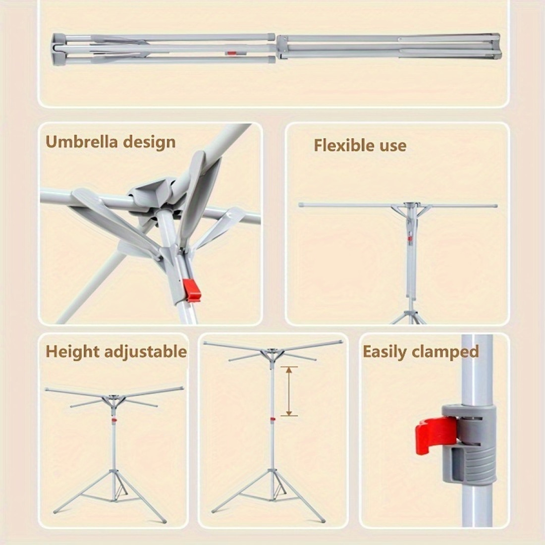 Uscator de rufe, tip umbrela, pliabil, telescopic, pentru interior-exterior, cu patru tije, picior anti-alunecare, inaltime ajustabila