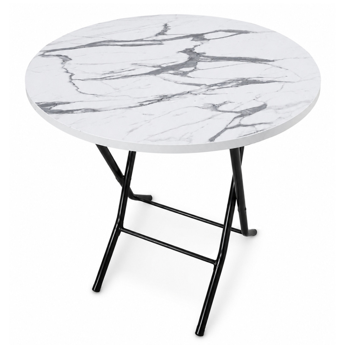 Masa pliabila cu blat, model marmura, cadru metalic, rotunda, 70 cm, 76 cm inaltime, alba