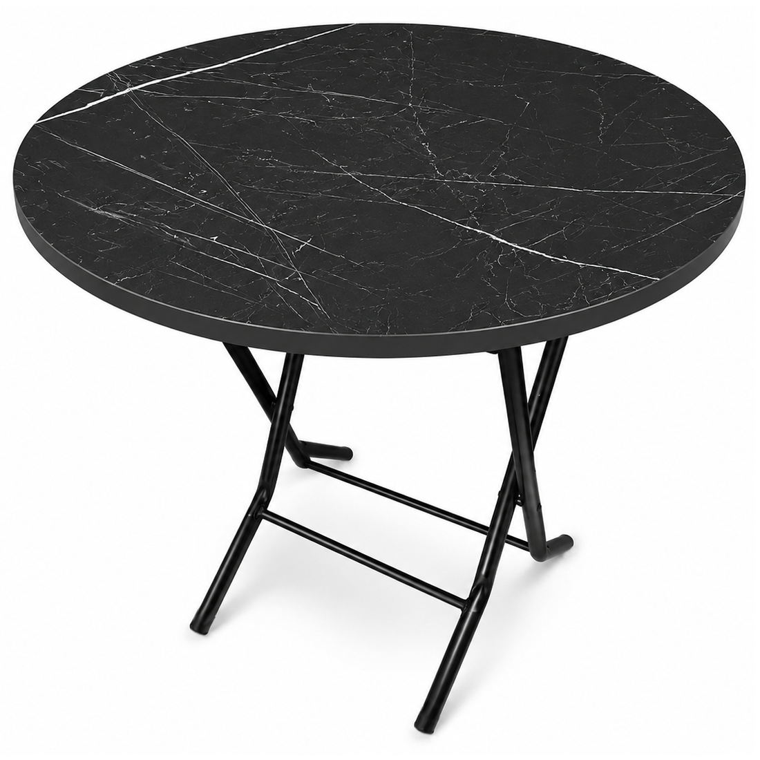 Masa pliabila cu blat, model marmura, cadru metalic, rotunda, 70 cm, 76 cm inaltime, neagra